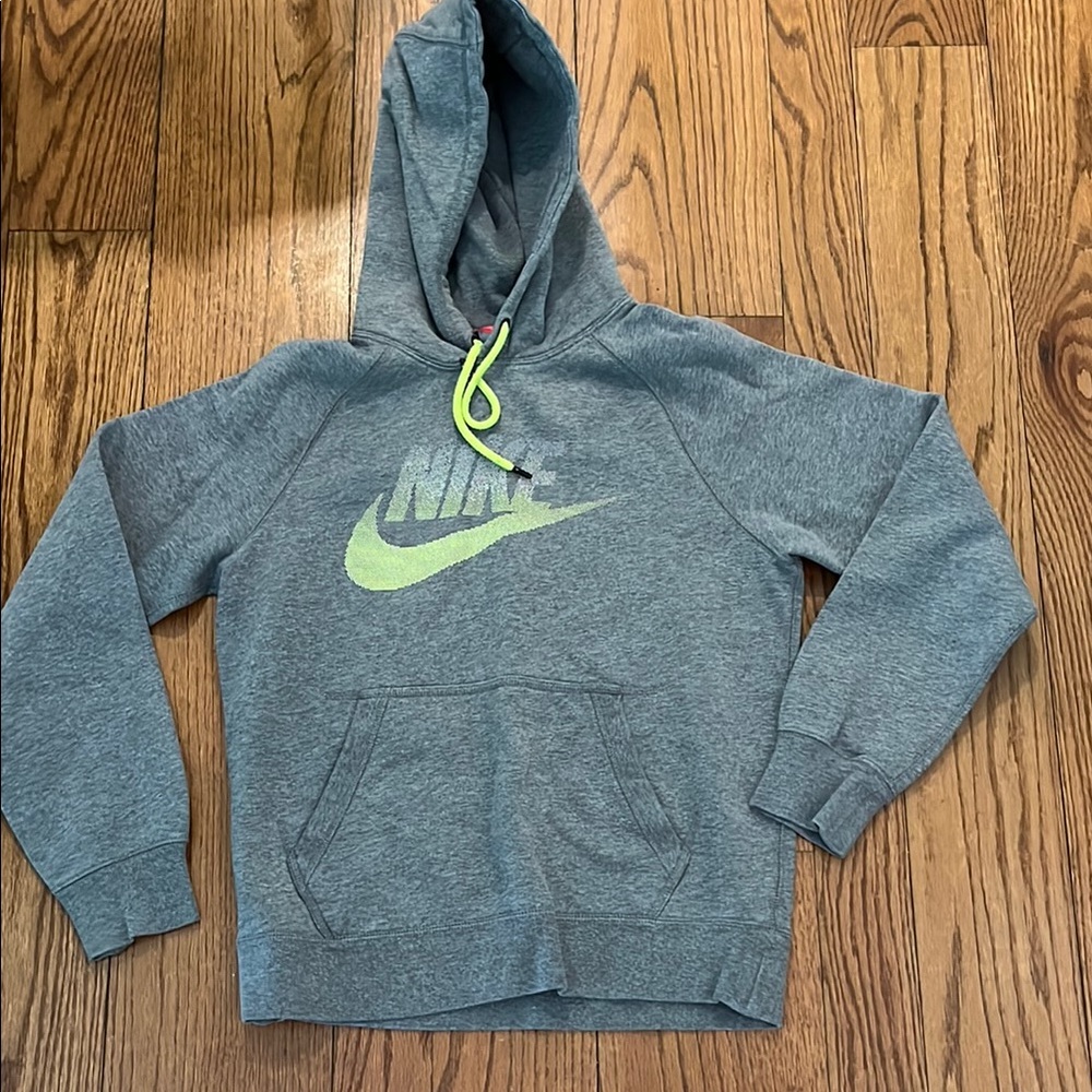 Adult small/ youth L / XL Nike Heather Gray Hoodie with Lime Logo